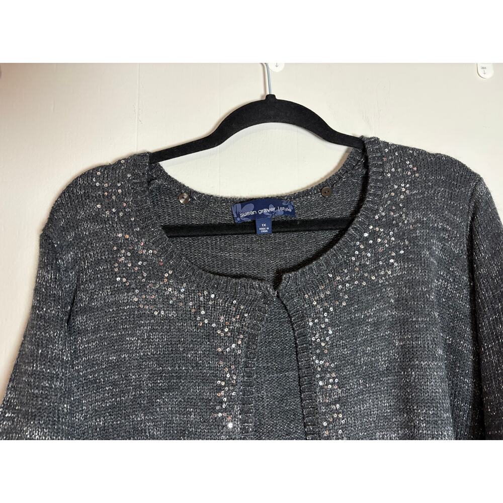 Susan Graver Style 1X Long Sleeve Open Front Sequin Embellished Cardigan Sweater - Picture 2 of 5